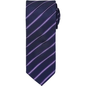 A dark navy tie featuring purple stripes, with a loop for securing. It has a logo on the back.