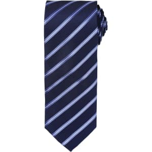 A striped tie featuring navy blue and light blue diagonal stripes, with an attached knot. Includes a branding logo.