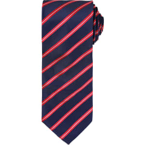 A navy blue tie with red diagonal stripes and a logo on the side, showcasing a stylish, classic design.