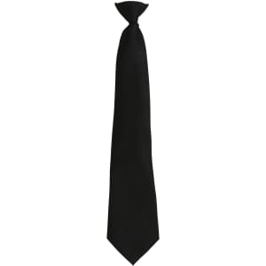 A sleek black tie with a classic design, featuring a simple knot and a smooth finish. It has a branding logo.
