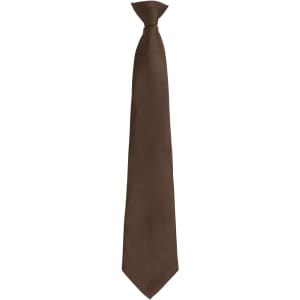 A brown fashion clip tie with a smooth finish, featuring a simple design and a logo at the base.