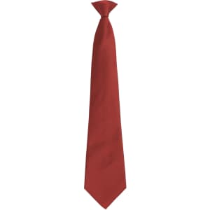 A red tie with a slim design, featuring a knotted top and a smooth finish. It has a branding logo.