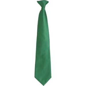 A green tie with a sleek, smooth design and a neck loop, featuring a logo.