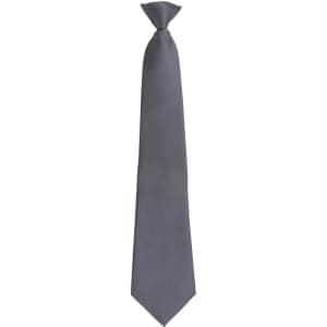 A grey tie with a textured finish and a classic design, featuring a branding logo.