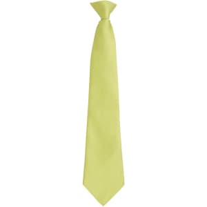 A lime green tie with a smooth finish and a standard width. Includes a branding logo near the knot.