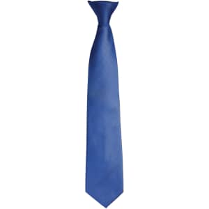 A blue fashion tie with a sleek, textured appearance and a solid colour design. Features a logo at the narrow end.