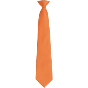 An orange clip tie featuring a clean, simple design. It has a logo but no visible text or badges.