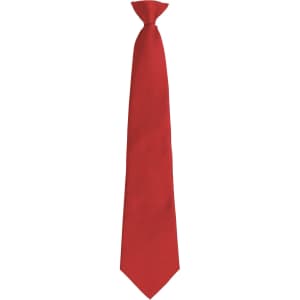 A solid red tie with a sleek design and pointed tip, featuring a branding logo.