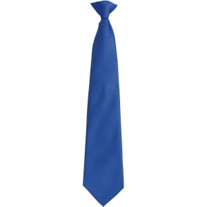 A blue fashion clip tie with a smooth finish and a classic design, featuring a logo on the clip.