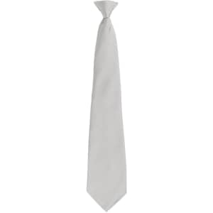 A light grey tie with a classic design, featuring a pointed tip and a loop at the neck. Includes a logo.