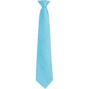 A light blue fashion clip tie with a sleek design and a logo at the top.