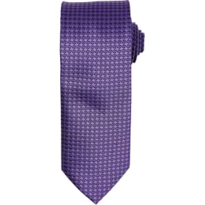 A purple tie with a textured pattern, featuring a classic design and pointed end. It has a rolled tie shape at the top.