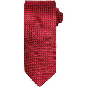 A red tie featuring a houndstooth pattern, neatly rolled at the top. It has a logo on it.