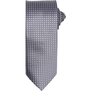 A grey tie featuring a textured pattern, rolled and displayed against a plain background. It includes a logo.