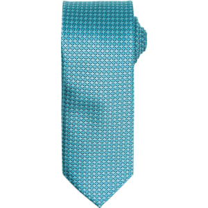 A turquoise tie featuring a textured pattern, neatly rolled at the top and displayed against a white background.