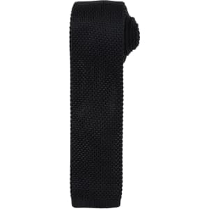 A black slim knitted tie featuring a textured design, showcasing a modern and stylish look.