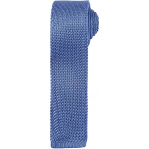 A slim knitted tie in a light blue shade with a textured finish. It features a logo on the label.