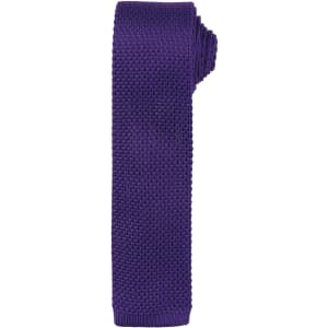 A slim knitted tie in a rich purple hue, featuring a textured design and a branding logo.