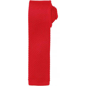 A slim knitted tie in vibrant red, showcasing a textured pattern. The tie is neatly rolled and has a branding logo.