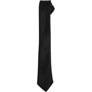 A black slim tie rolled and displayed vertically, featuring a smooth, shiny fabric and a branding logo.