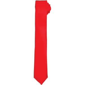 A slim red tie rolled neatly, featuring a solid design and a branding logo.