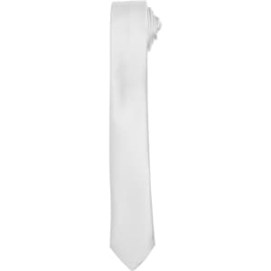 A white slim tie with a smooth finish, rolled neatly at one end. It features a discreet logo on the fabric.