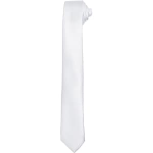 A slim white tie with a smooth finish, neatly rolled at the top, featuring a logo.