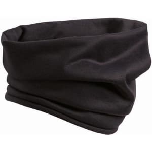 A black snood face covering with a soft, stretchy fabric and a loose design. Features a simple logo.