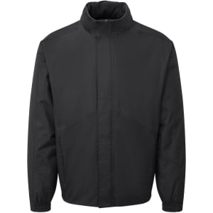 A black waterproof jacket with a high collar and long sleeves, featuring a logo.