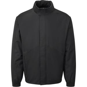 A black jacket with a high collar and zip front, featuring a simple design and no visible logos.