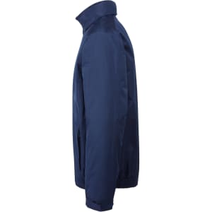 A navy jacket with a high collar, featuring zippered pockets on the sides and a sleek design.
