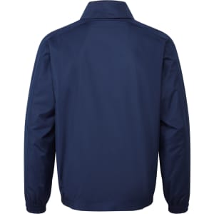 A navy jacket with a simple design and a collar, featuring a logo on the back.