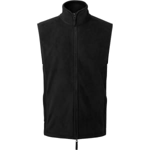 A black fleece vest with a high collar and a front zipper, featuring a logo on the side.
