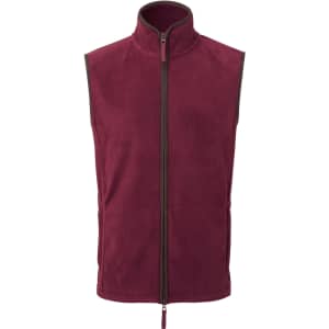 A maroon artisan fleece vest with a high collar and front zip, featuring a contrasting zip trim.