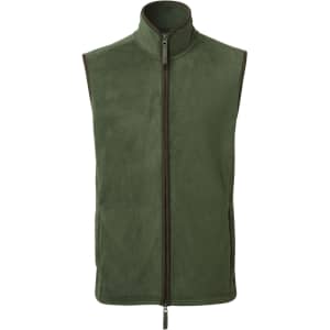 A green fleece vest with a high collar and a front zip, featuring a trim design.