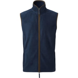 A navy blue fleece vest featuring a high collar and a full front zipper, with contrasting trim.