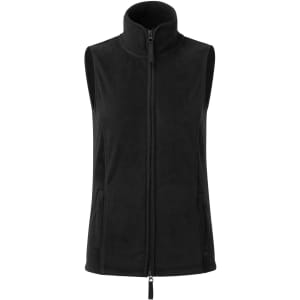 A black women's artisan fleece vest with a high collar and zippered front, featuring side pockets and branding.