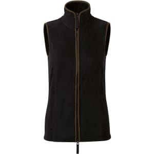 A women's artisan fleece vest in black, featuring a zip front and no sleeves, with a contrasting trim and pockets.