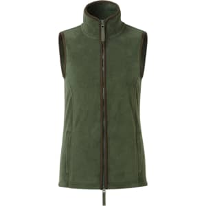 A women's artisan fleece vest in green with a high collar and front zip, featuring side pockets and a logo.
