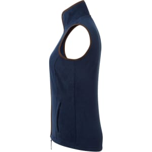 A women's artisan fleece vest in navy blue with a sleeveless design and contrasting trim. Features two side pockets and a logo.