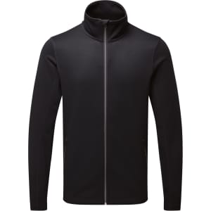 A black sustainable zip sweatshirt with a high collar and side pockets, featuring a small logo.