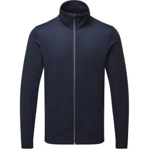 A navy blue sustainable zip sweatshirt with a high collar and side pockets. It features a logo.