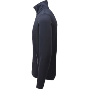 A men's sustainable zip sweatshirt in navy, featuring a high collar and a side zip pocket.