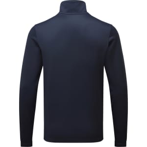A navy zip sweatshirt with a high collar and long sleeves, featuring a logo on the back.