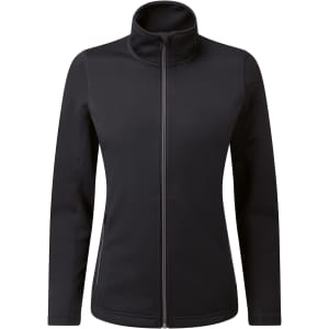 A black women's sustainable zip sweatshirt with a high collar and zip-up front. It features a branding logo.