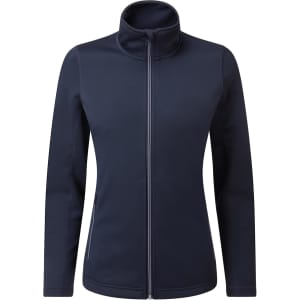 A women's sustainable zip sweatshirt in navy blue with a high collar and zip closure. Features side pockets and a logo.