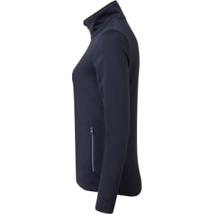 A navy women's sustainable zip sweatshirt with a high collar and side pocket, featuring a branding logo.