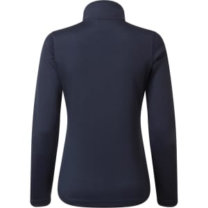 A navy women's sustainable zip sweatshirt with a high collar and long sleeves, featuring a logo on the back.