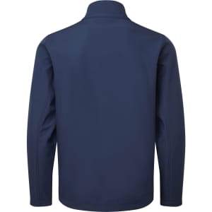 A navy softshell jacket with a high collar and long sleeves, featuring a back view and minimal design.