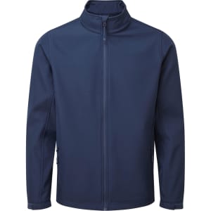 A navy softshell jacket with a high collar and full-length zip, featuring side pockets and a logo.